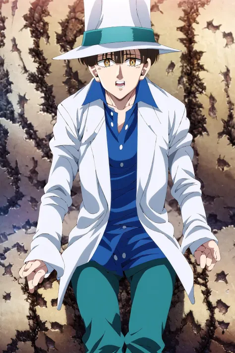 masterpiece, best quality, high quality, 1boy, solo, male focus, <lora:NASIENS:1>, white coat, blue shirt, dark teal pants, white shoes, white hat, amber eyes, sitting