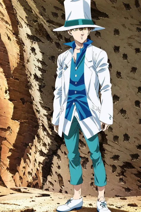 masterpiece, best quality, high quality, 1boy, solo, male focus,  <lora:NASIENS:1>, white coat, blue shirt, dark teal pants, white shoes, white hat, amber eyes
