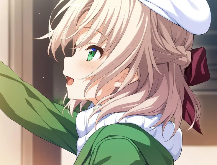 1girl,kagamigawa noelle,hair bow,green windbreaker,white beret,solo,blush,open mouth,smile,masterpiece,best quality,game cg,from side,<lora:KagamigawaNoelleXL:1>,