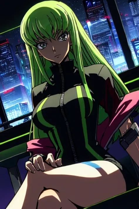 <lora:CC - [Code Geass] - Version 1:1>  cc   long hair,  green hair,  (masterpiece:1.2),(best quality:1.2),(high resolution:1.2) 1girl,  tattoo  cyberpunk2077, cyberpunk \(series\),  portrait, ,  big smile tracksuit  Sitting Cross-Legged Pose  dutch angle, cyberpunk style, apartment, window with view on nightcity,  closeup