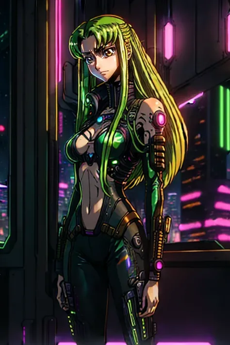 <lora:CC - [Code Geass] - Version 1:1>  cc   long hair,  green hair,  (masterpiece:1.2),(best quality:1.2),(high resolution:1.2) 1girl,  tattoo  cyberpunk2077, cyberpunk \(series\),  portrait, large breasts,  big smile loungewear  Standing on Tiptoes Pose  dutch angle, cyberpunk style, apartment, window with view on nightcity,  closeup
