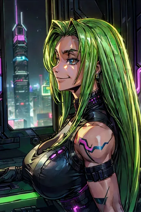 <lora:CC - [Code Geass] - Version 1:1>  cc   long hair,  green hair,  (masterpiece:1.2),(best quality:1.2),(high resolution:1.2) 1girl,  tattoo  cyberpunk2077, cyberpunk \(series\),  portrait, ,  big smile activewear  Side Profile Pose  dutch angle, cyberpunk style, apartment, window with view on nightcity,  closeup