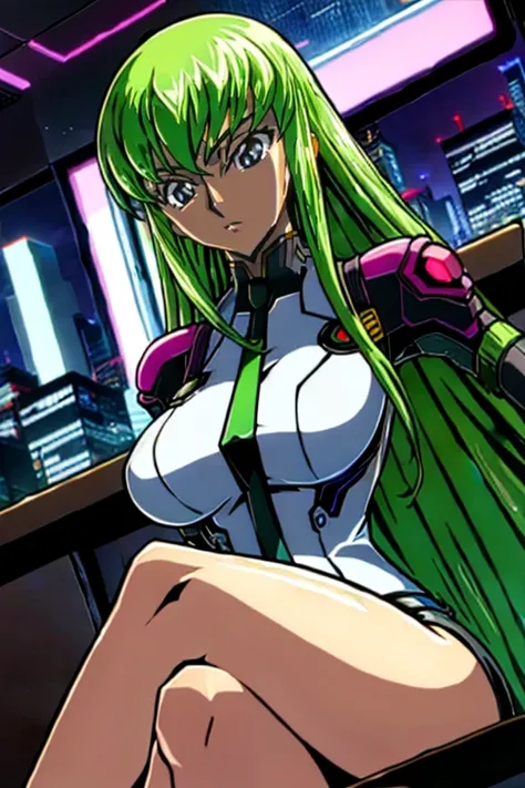 <lora:CC - [Code Geass] - Version 1:1>  cc   long hair,  green hair,  (masterpiece:1.2),(best quality:1.2),(high resolution:1.2) 1girl,  tattoo  cyberpunk2077, cyberpunk \(series\),  portrait, large breasts,  big smile business attire  Leg Extended Pose  dutch angle, cyberpunk style, apartment, window with view on nightcity,  closeup