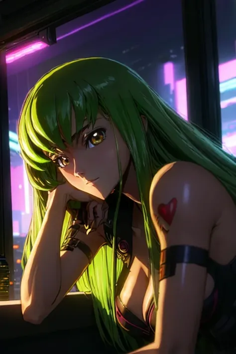 <lora:CC - [Code Geass] - Version 1:1>  cc   long hair,  green hair,  (masterpiece:1.2),(best quality:1.2),(high resolution:1.2) 1girl,  tattoo  cyberpunk2077, cyberpunk \(series\),  portrait, large breasts,  big smile prom dress  Looking Over the Shoulder Pose  dutch angle, cyberpunk style, apartment, window with view on nightcity,  closeup