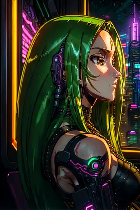 <lora:CC - [Code Geass] - Version 1:1>  cc   long hair,  green hair,  (masterpiece:1.2),(best quality:1.2),(high resolution:1.2) 1girl,  tattoo  cyberpunk2077, cyberpunk \(series\),  portrait, large breasts,  big smile loungewear  Standing on Tiptoes Pose  dutch angle, cyberpunk style, apartment, window with view on nightcity,  closeup