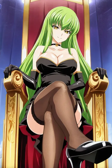 cc, solo, long_hair, , looking_at_viewer, smile, green_hair, large_breasts, gloves, dress, cleavage, bare_shoulders, sitting, very_long_hair, yellow_eyes, collarbone, choker, elbow_gloves, crossed_legs, head_rest, black_dress, fishnet_stockings, throne, high_heels, from_below, shoe_soles, full_body, close-up, pov