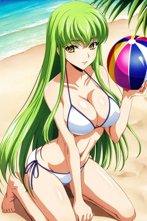 cc, 1girl, solo, long_hair, , looking_at_viewer, smile, bangs, large_breasts, navel, holding, cleavage, hair_between_eyes, bare_shoulders, brown_eyes, , very_long_hair, collarbone, swimsuit, full_body, yellow_eyes, sidelocks, , outdoors, parted_lips, green_hair, sky, barefoot, day, shiny, shiny_hair, feet, shiny_skin, kneeling, underboob, side-tie_bikini_bottom, halterneck, white_bikini, beach, straight_hair, string_bikini, ball, sand, beachball, holding_ball, c.c.