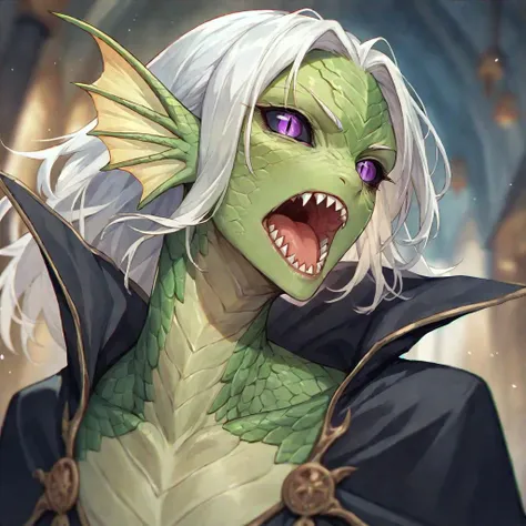 score_9, score_8_up, score_7_up, Yuan-ti, black sclera, slit pupils, scales, head fins, 1girl, purple eyes, green skin, green scales, open mouth, sharp teeth, long white hair, black cloak, fantasy background, blurred background <lora:Yuan-tiFantasyDND:1>
