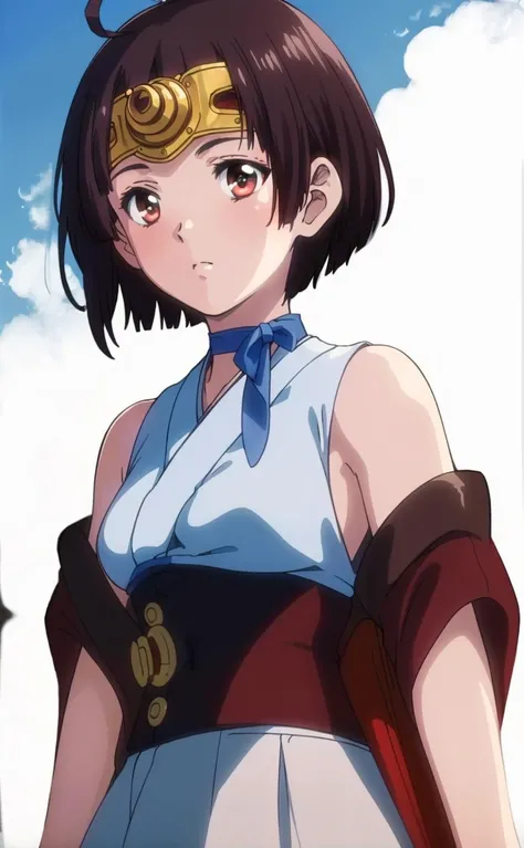 (masterpiece,best quality,high resolution:1.3),(japanese shrine,blue sky:1.2),short hair, brown hair, ribbon choker, choker, ribbon, red eyes, japanese clothes, upper body, brown eyes, headpiece, bare shoulders,ahoge, <lora:mumei_v2:0.75>,