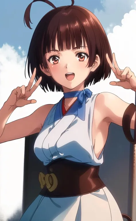(masterpiece,best quality,high resolution:1.3),(Front view,V-sign,peace sign,happy smile,full body,japanese shrine,blue sky:1.2),short hair, brown hair, ribbon choker, choker, ribbon, red eyes, japanese clothes, upper body, brown eyes, headpiece, bare shoulders,ahoge, looking at viewer,open mouth,<lora:mumei_v2:0.75>,