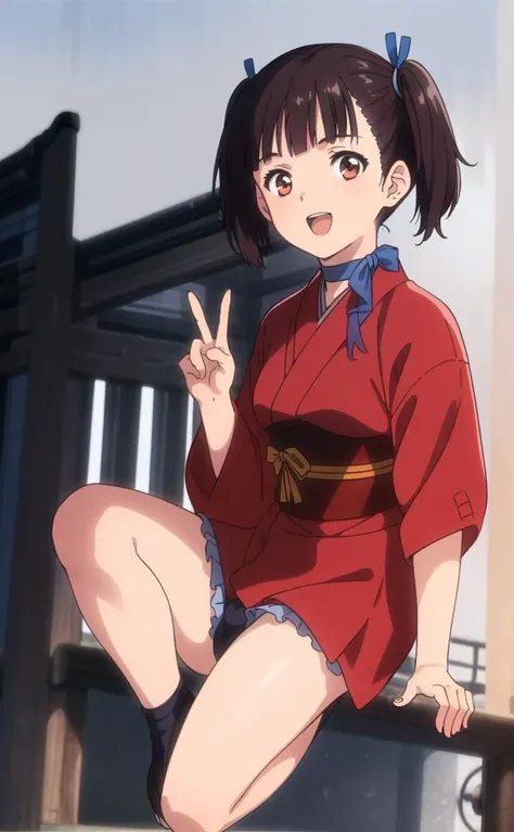 (masterpiece,best quality,high resolution:1.3),(Front view,V-sign,peace sign,happy smile,full body,japanese shrine,blue sky:1.2), twintails, ribbon, ribbon choker, choker, looking at viewer, black hair, red eyes,short hair, japanese clothes, bangs, blue ribbon, brown eyes, portrait, short twintails,open mouth,<lora:mumei_v2:0.75>,