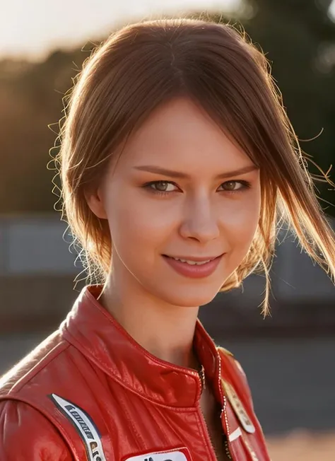 A stunning intricate full color portrait of a woman,wearing a race driver outfit, racing track in background, having fun, epic character composition,by ilya kuvshinov, alessio albi, nina masic,sharp focus, natural lighting, subsurface scattering, f2, 35mm, film grain, half body shot <lora:Beata:1>
