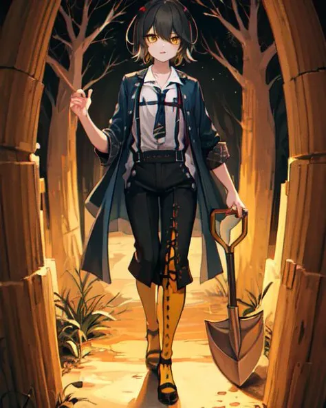 <lora:mashiro-04:0.8>, mashiro_niji, yellow socks, blue coat, white shirt, suspenders, high heels, yellow eyes, solo, full body, standing,
forest, shovel, night