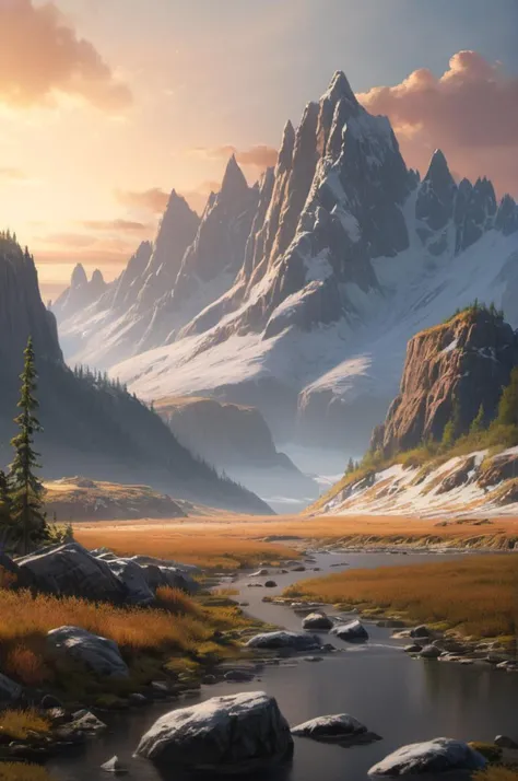 A big mountain scenario, snow mountain, , <lora:StudioGhibliRedmond-StdGBRedmAF:1> StdGBRedmAF, swamp valley surrounded by high rocky cliffs,
dawn,