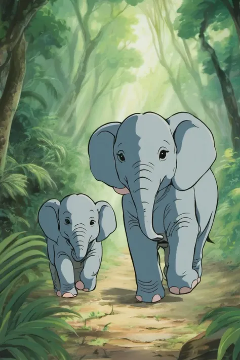 Anime artwork, two elephant walking in the jungle, art by Studio Ghibli. , StdGBRedmAF,<lora:EMS-78843-EMS:1.000000>