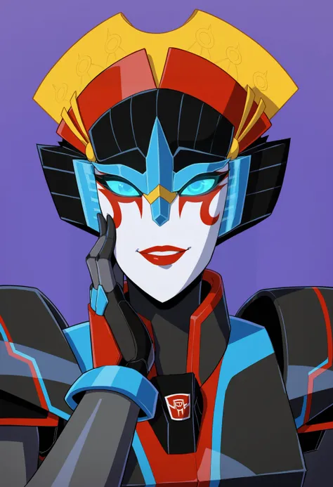 score_9, score_8_up, score_8, source_anime, 1girl,  <lora:Windblade:0.8> solo, autobot, robot, mecha, red lips, blue eyes, glowing eyes, smile, hand on cheek, 
purple background, simple background,