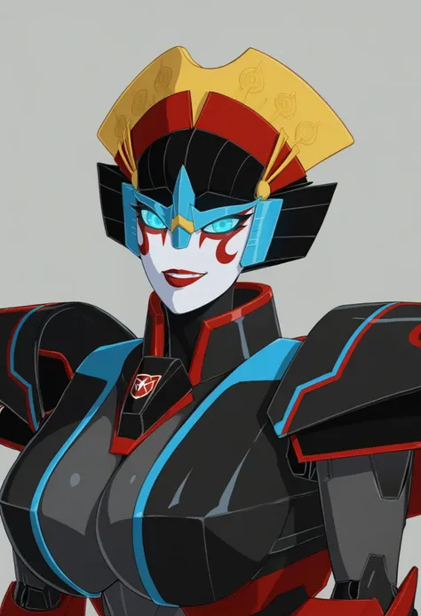 score_9, score_8_up, score_7_up, score_6_up, score_5_up, score_4_up, 1girl,  <lora:Windblade:0.8> solo, robot, mecha, red lips, blue eyes, glowing eyes, looking at viewer, upper body, face focus, smirk, teeth, huge breasts, cleavage,
grey background, simple background,