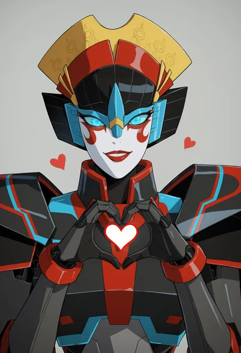 score_9, score_8_up, score_7_up, score_6_up, score_5_up, score_4_up, 1girl,  <lora:Windblade:0.8> solo, robot, mecha, red lips, blue eyes, glowing eyes, looking at viewer, upper body, face focus, smile, heart hands, 
grey background, simple background,