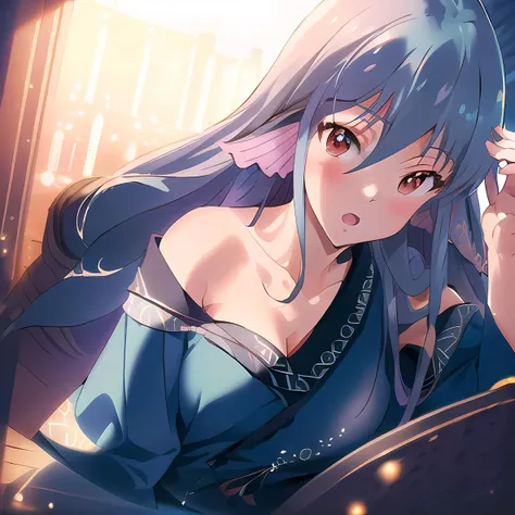 (masterpiece, best quality, intricate details, ultra details, ultra quality, highres, best shadow, best illumination, 4k)<lora:Levia:1><lora:Eyes:0.6>, Levia, (small breasts:1.5, flat chest), red eyes, detailed face, face shot, short blue kimono, night sky ocean background, detailed background, warm lighting, colorful:1.5