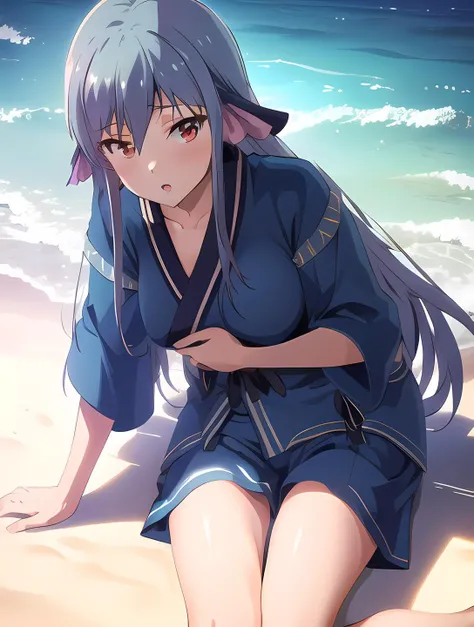 (masterpiece, best quality, intricate details, ultra details, ultra quality, highres, best shadow, best illumination, 4k)<lora:Levia:0.9><lora:Eyes:0.6>, Levia, small breasts, red eyes, short blue kimono, short blue pants, blue ribbon, beach background, detailed background, warm lighting, colorful:1.5