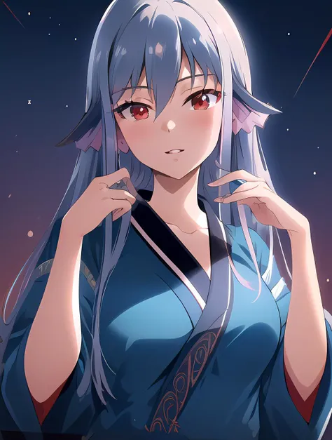 (masterpiece, best quality, intricate details, ultra details, ultra quality, highres, best shadow, best illumination, 4k)<lora:Levia:0.8><lora:Eyes:0.6>, Levia, small breasts:1, red eyes, detailed face, face shot, short blue kimono, night sky background, detailed background, warm lighting, colorful:1.5
