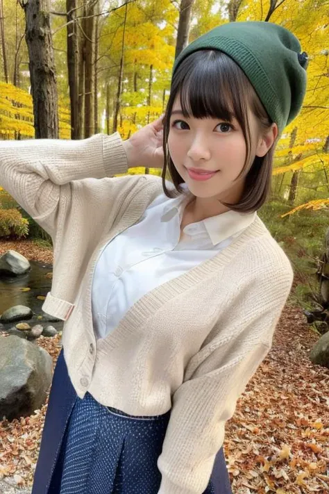 1girl,(wearing a cardigan and long skirt:1.2),(wearing a wooly beret),(RAW photo, best quality), (realistic, photo-realistic:1.4), masterpiece, an extremely delicate and beautiful, extremely detailed, 2k wallpaper, Amazing, finely detail, extremely detailed CG unity 8k wallpaper, ultra-detailed, highres, soft light, beautiful detailed girl, extremely detailed eyes and face, beautiful detailed nose, beautiful detailed eyes,cinematic lighting,(in a beautiful forest of pine trees at a Japanese countryside),(autumn scenery:1.3),(maple trees in autumn),(by a small rocky river),(morning light),perfect anatomy,slender body,smiling,<lora:shibasakinoriko_lora:0.8>