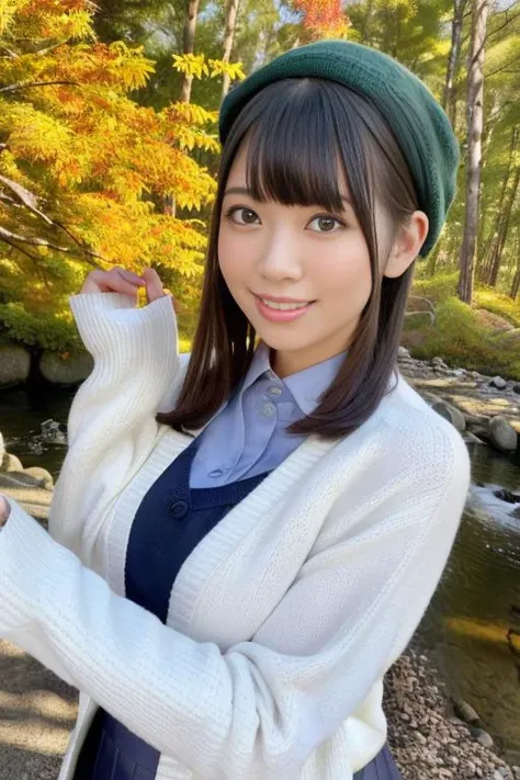 1girl,(wearing a cardigan and long skirt:1.2),(wearing a wooly beret),(RAW photo, best quality), (realistic, photo-realistic:1.4), masterpiece, an extremely delicate and beautiful, extremely detailed, 2k wallpaper, Amazing, finely detail, extremely detailed CG unity 8k wallpaper, ultra-detailed, highres, soft light, beautiful detailed girl, extremely detailed eyes and face, beautiful detailed nose, beautiful detailed eyes,cinematic lighting,(in a beautiful forest of pine trees at a Japanese countryside),(autumn scenery:1.3),(maple trees in autumn),(by a small rocky river),(morning light),perfect anatomy,slender body,smiling,<lora:shibasakinoriko_lora:0.8>