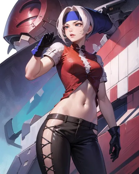 (masterpiece, best quality, high resolution, unity 8k wallpaper, extremely detailed CG:1), (illustration:1.0), 1girl, solo, foxyms, headband, gloves, pants, pauldrons, navel, shirt, <lora:FoxyMS:1>