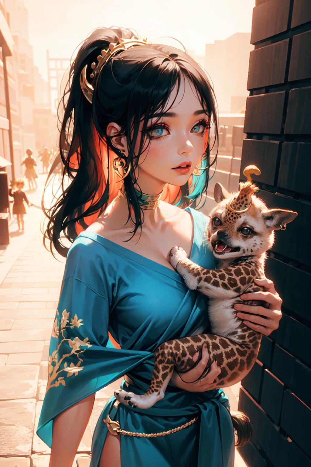 (masterpiece, sidelighting, finely detailed beautiful eyes: 1.2), 3d face, realistic, perfect face, black and gold theme, upper body,
view and portrait, RosyBrown rainbow short_ponytail style and OldLace print eye of step-sister wearing makeup and dog mixture of DarkSlateBlue and SeaShell of nontraditional_miko or wearing Olive of sarong, side-tie of cape and headdress or wearing giraffe ears and yin_yang_earrings , walking, carrying or child_carry, knocking, drinking,