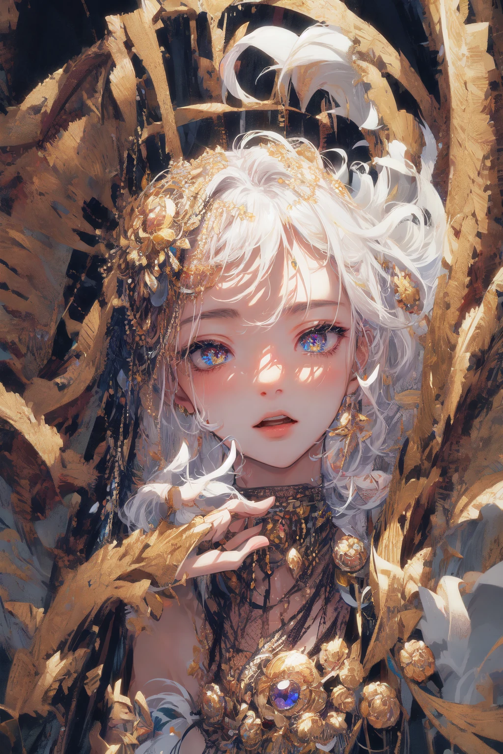 ((masterpiece, best quality, ultra-detailed, high-resolution)), solo, beautiful girl, gleaming eye, perfect eye, , black white gold theme,