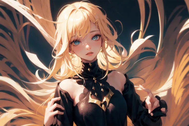 (masterpiece, sidelighting, finely detailed beautiful eyes: 1.2), (ultra-detailed, high-resolution: 1.2), beautiful girl, black gold theme,