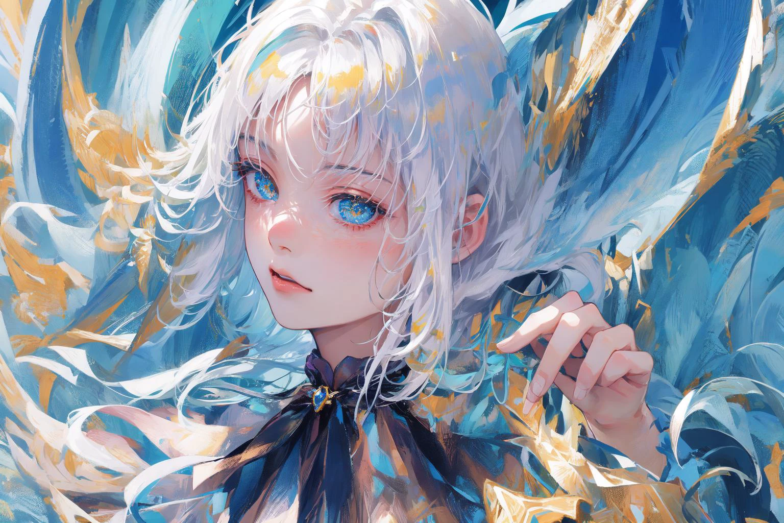 ((masterpiece, best quality, ultra-detailed, high-resolution)), solo, beautiful girl, gleaming eye, perfect eye, , white hair, black white gold theme,