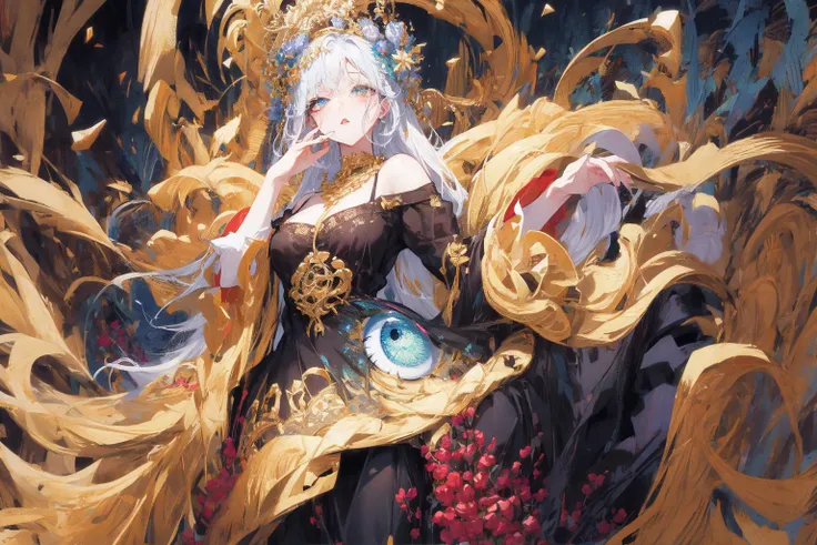 ((masterpiece, best quality, ultra-detailed, high-resolution)), solo, beautiful girl, gleaming eye, perfect eye, black white gold theme,