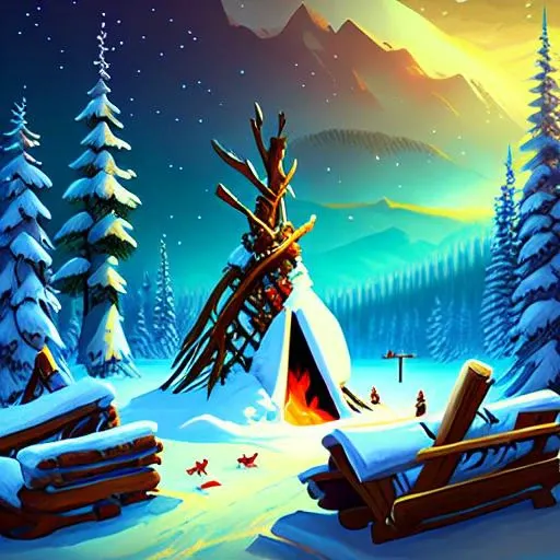 Outdoors, Camp, Campfire, No human, Winter, snow, wild field, masterpiece, smooth. Civ6BG painting style <lora:Civ6BG:1.5>