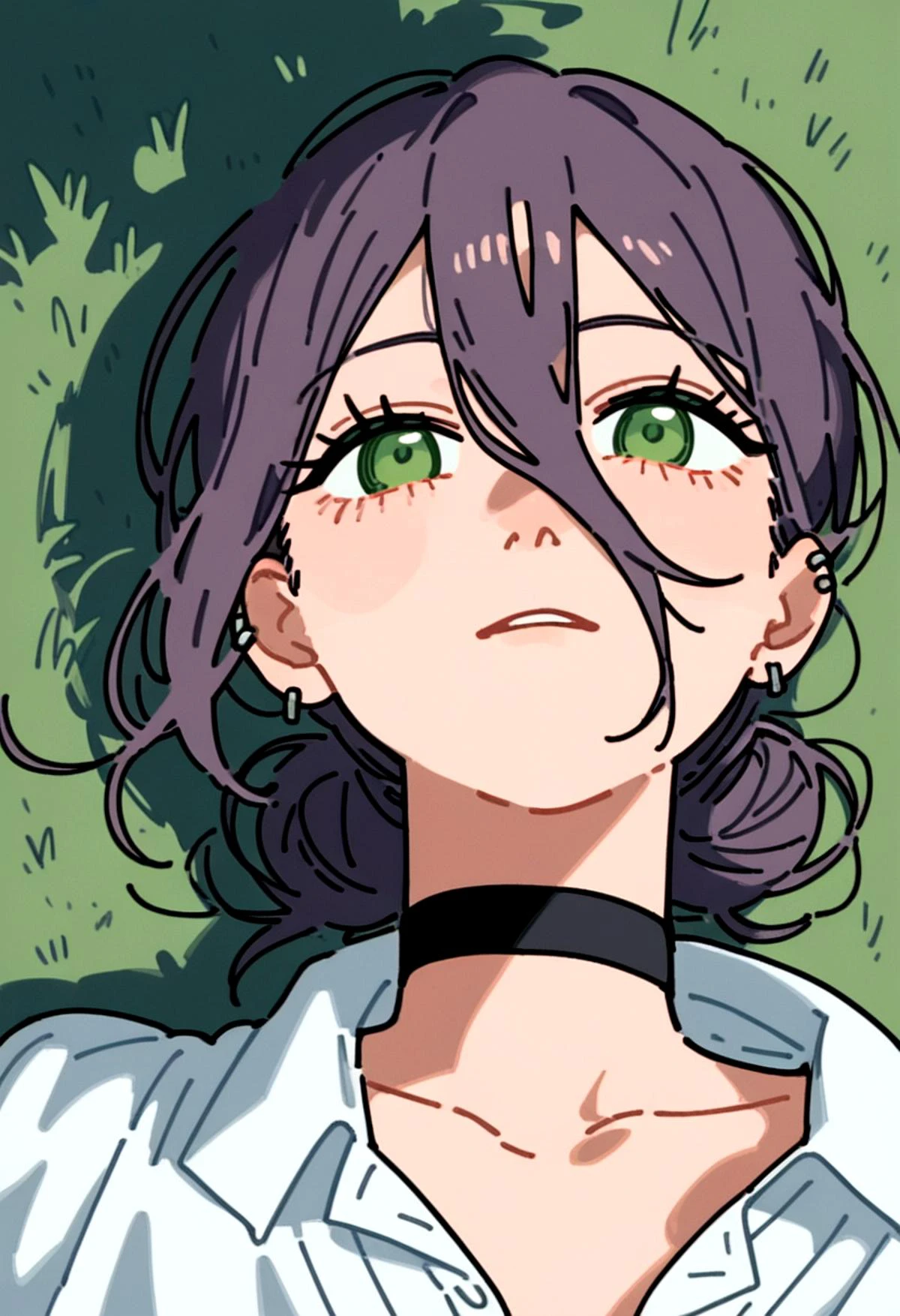 (score_9, score_8_up, score_7_up), anime lineart, <lora:Kablam:0.85>, Bpb-kablam, BREAK close up shot, from dynamic angle, looking up, 1girl, arms out, lying, reaching towards viewer, Reze, chainsaw man, green eyes, hair between eyes, purple hair, hair bun, piercing, black choker, BREAK graveyard, outdoors, <lora:naipony_v3:0.7>