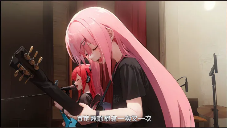 gotou hitori, guitar, multiple girls, electric guitar, 2girls, pink hair, music, instrument, long hair, shirt, black shirt, blue eyes, gibson les paul, microphone, holding, playing instrument, red hair, bangs, closed eyes, singing, short sleeves, open mouth, drum set, holding instrument, indoors, t-shirt, drum, hair between eyes, one side up, smile, hair ornament <lyco:AGM5-000009:0.75>