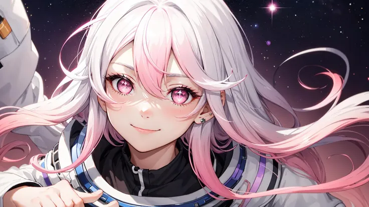 (1 girl with white hair and pink eyes), Long hair, ((White hair)), ((Pink hair)), (Gradient hair:1.5), Sparkling eyes, Bright pupils, Smile, (closed mouth), Space,