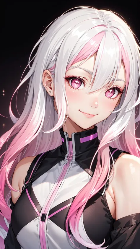 (1 girl with white hair and pink eyes), Long hair, ((White hair)), ((Pink hair)), (Gradient hair:1.5), Sparkling eyes, Bright pupils, Smile, (closed mouth), Mid Shot