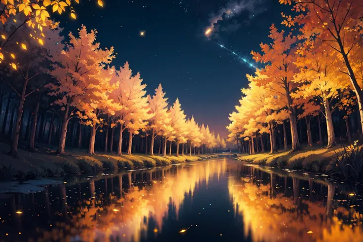 night scenery, magical, no humans, nature, reflection, sparkle, light particles, fireflies,