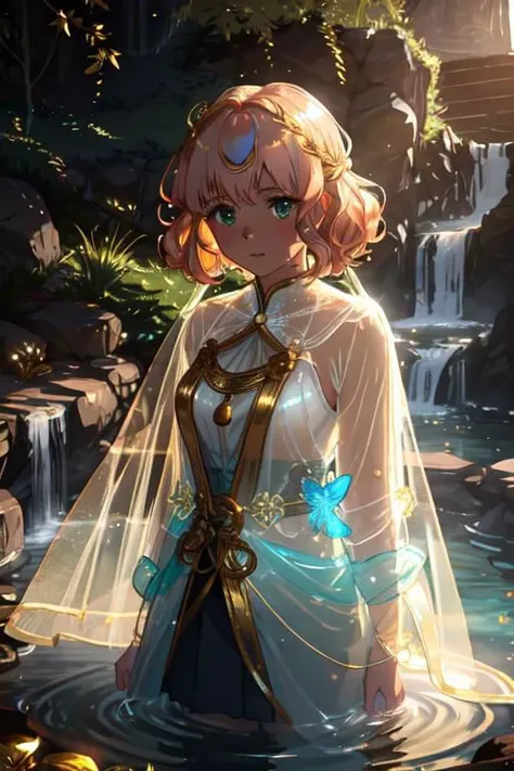 elegant sunlit, weak light and shadows, tree canopy, Hot water springs,1girl, a pretty woman, beautiful face, white face, close up, face focus, curly hair, short copper-colored hair tinged with gold, white coat, see-through leggings, blue see-through skirt, see-through dress, green water, she is standing