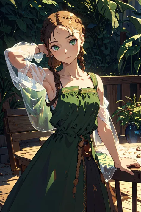 (masterpiece, best quality), 1girl, happy, tall, middle easterner, dark green eyes, flat forehead, long face shape, (graceful collarbone), (chestnut dutch braid), loneliness, (peasant dress, sheer blouse, transparent), leaning back with hands behind head, relaxed