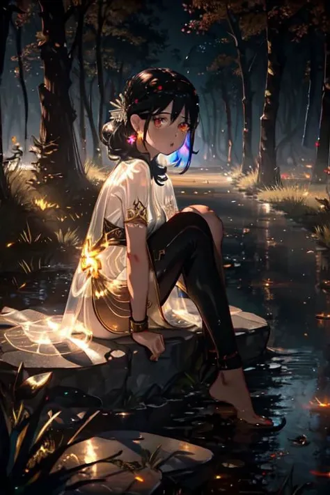 1girl, beautiful woman, iridescent glow eyes, white face, red earrings, [copper] (glow see-through dress), black leggings, she is sitting on wet ash ground, water, , destroyed houses, destroyed street, grass, small rocks, tree canopy, sunlit, weak lights and shadows