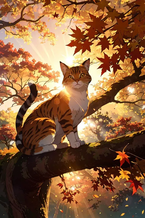 Cat poised gracefully atop an ancient oak tree,
autumn leaves fluttering around,
golden hour casting long shadows,
backlit,
sharp focus on feline,
bokeh effect on background foliage,
digital painting.