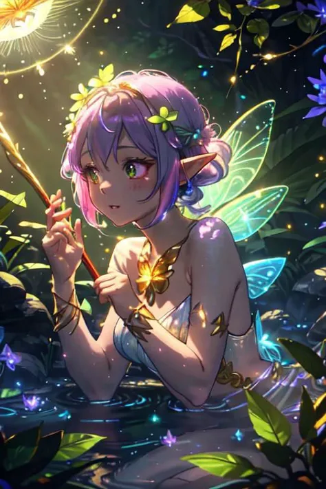 Masterpiece, best quality, very detailed CG unified 8k, best quality, best shadow, glowing vampire purple-black-pink fairy elf with a glowing goddess woman red-lime-green fairy elf, drinking water in the pool, natural elements in forest theme. Mysterious forest, beautiful forest, nature, surrounded by flowers, delicate leaves and branches surrounded by fireflies (natural elements), (jungle theme), (gold glow leaves), (glow red branches), (white fireflies), (pink particle effects) and other 3D, Octane rendering, ray tracing, super detailed , glow vampire-goddess green-lime-red fairy elf, close up, face focus, - spirit light glow, sunlit, red weak lights and shadows, reflection of spirit forest, colorful bloom forest with iridescent and dispersion and rainbows, - glowing fairy elf with a glowing goddess woman pink-green-lime-red-yellow-blue fairy elf, drinking water in the pool, natural elements in forest theme. Mysterious forest, colorful beautiful forest, ultra-blue nature, surrounded by flowers, delicate leaves and branches surrounded by fireflies (natural elements), (violet jungle theme), (blue leaves), (yellow branches), (white fireflies), (red particle effects) and other 3D, Octane rendering, ray tracing, super detailed , glow goddess pink-green-yellow fairy elf,