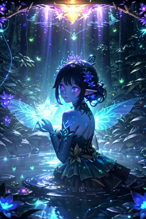 Masterpiece, best quality, very detailed CG unified 8k, best quality, best shadow, glowing cosmos vampire fairy elf with a glowing universe goddess woman elf, drinking water in the pool, natural elements in forest theme. Mysterious forest, colorful beautiful forest, nature, surrounded by red flowers, delicate yellow leaves and branches surrounded by fireflies (natural elements), (jungle theme), (leaves), (branches), (fireflies), (purple particle effects) and other 3D, Octane rendering, ray tracing, super detailed , glow chaos powerful spirit bat-vampire-goddess-elf, - spirit light glow, sunlit, red weak lights and shadows, reflection of spirit forest, colorful bloom forest with iridescent and dispersion and rainbows, - glowing cosmos vampire fairy elf with a glowing universe goddess woman elf, drinking water in the pool, natural elements in forest theme. Mysterious forest, colorful beautiful forest, nature, surrounded by flowers, delicate leaves and branches surrounded by fireflies (natural elements), (violet jungle theme), (blue leaves), (yellow branches), (white fireflies), (red particle effects) and other 3D, Octane rendering, ray tracing, super detailed , glow chaos goddess-elf, - 1girl, beautiful woman elf, beautiful face, see-through dress, fairy elf, red water, tree canopy , sunlit, weak lights of white and shadows, reflection