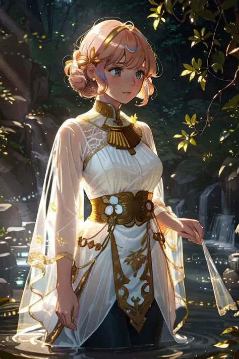elegant sunlit, weak light and shadows, tree canopy,  Big Spring in Missouri ,1girl, a pretty woman, beautiful face, white face, close up, face focus, curly hair, short copper-colored hair tinged with gold, white coat, see-through leggings, blue see-through skirt, see-through dress, green water, she is standing