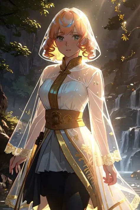 elegant sunlit, weak light and shadows, tree canopy, Big Spring rises at the base of a limestone bluff ,1girl, a pretty woman, beautiful face, white face, close up, face focus, curly hair, short copper-colored hair tinged with gold, white coat, see-through leggings, blue see-through skirt, see-through dress, green water, she is standing
