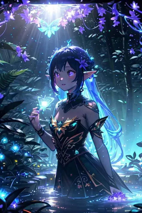 Masterpiece, best quality, very detailed CG unified 8k, best quality, best shadow, glowing cosmos vampire fairy elf with a glowing universe goddess woman elf, drinking water in the pool, natural elements in forest theme. Mysterious forest, colorful beautiful forest, nature, surrounded by red flowers, delicate yellow leaves and branches surrounded by fireflies (natural elements), (jungle theme), (leaves), (branches), (fireflies), (purple particle effects) and other 3D, Octane rendering, ray tracing, super detailed , glow chaos powerful spirit bat-vampire-goddess-elf, - spirit light glow, sunlit, red weak lights and shadows, reflection of spirit forest, colorful bloom forest with iridescent and dispersion and rainbows, - glowing cosmos vampire fairy elf with a glowing universe goddess woman elf, drinking water in the pool, natural elements in forest theme. Mysterious forest, colorful beautiful forest, nature, surrounded by flowers, delicate leaves and branches surrounded by fireflies (natural elements), (violet jungle theme), (blue leaves), (yellow branches), (white fireflies), (red particle effects) and other 3D, Octane rendering, ray tracing, super detailed , glow chaos goddess-elf, - 1girl, beautiful woman fairy elf, beautiful face, see-through dress, fairy elf, red-black-reflection-shadow water, tree canopy , sunlit, weak lights of white and shadows, reflection