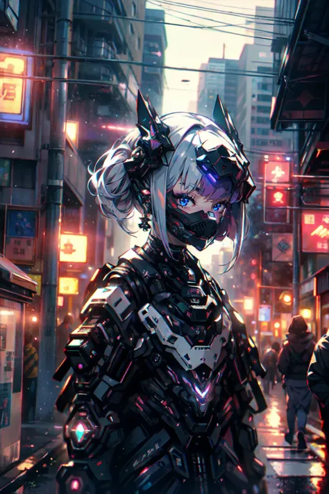 [gothpunk|robot], roblit, 1girl, solo, walking in Harajuku, white eyebrows, glowing hair, (iridescent white hair), earrings, bangs, jewellery, mask, blunt bangs, (iridescent eyes, glowing eyes, green eyes, mouth mask), hair ornament, looking at the viewer, short hair, portrait, sidelocks, <lora:Gothpunk:1>, <lora:Mecharobot:0.8> detailed background, in street
BREAK
outdoors, twilight, raytracing <lora:add_detail:1>