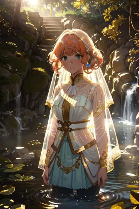 elegant sunlit, weak light and shadows, tree canopy, Big Spring in Missouri ,1girl, a pretty woman, beautiful face, white face, close up, face focus, curly hair, short copper-colored hair tinged with gold, white coat, see-through leggings, blue see-through skirt, see-through dress, green water, she is standing